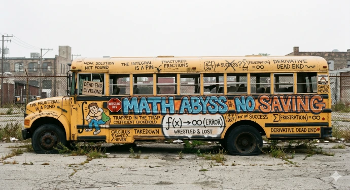 Old broken down school bus with math graffiti