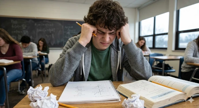 an image of a student visibly struggling with math, showing signs of frustration while surrounded by equations and crumpled papers.